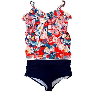 Beach Scene Floral Tankini Set Navy Blue High Waist Ruched Bottoms XL BC002MA